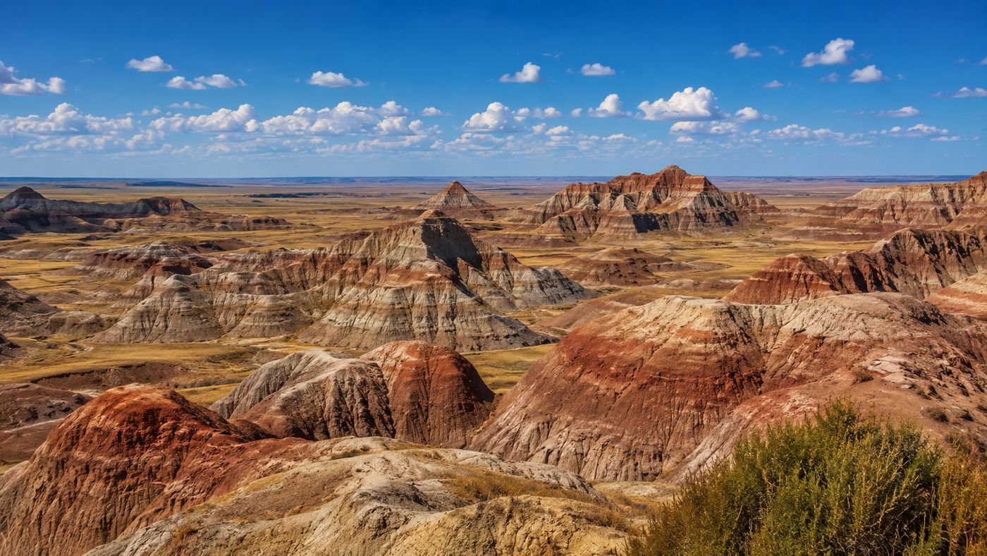 A vast South Dakota badlands landscape with eroded buttes and ravines under a wide blue sky, fossil-rich sediment layers visible in the canyon walls