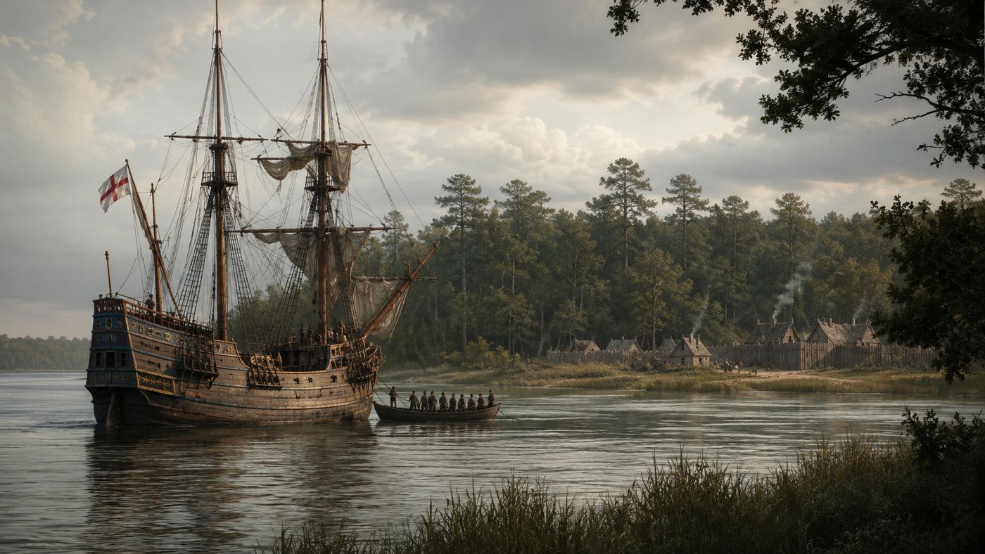 A 17th century English colonial Virginia waterway with a sailing ship anchored near a wooded shoreline, the early settlement visible through the trees