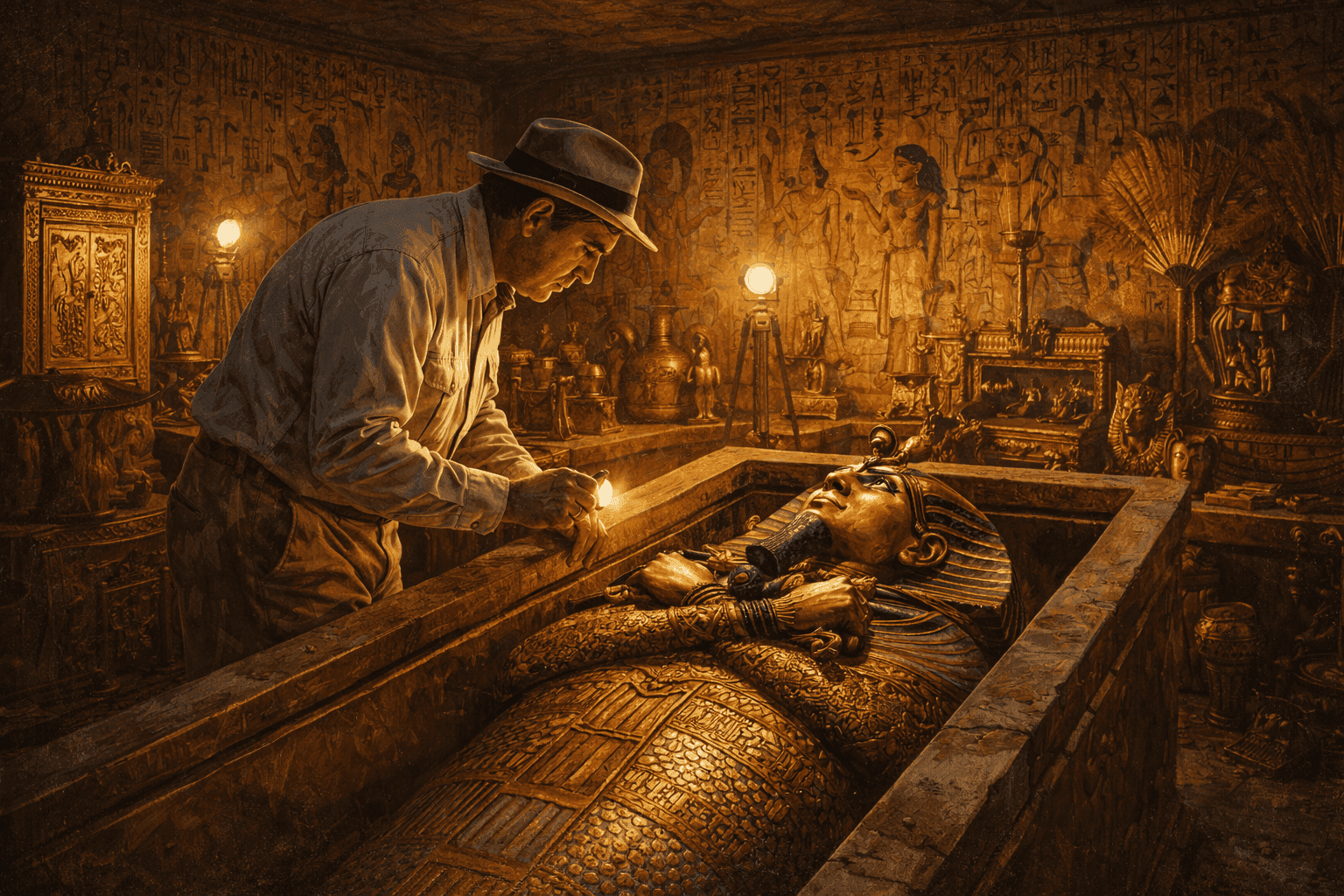 Howard Carter examining King Tutankhamun's golden sarcophagus with the tomb's treasures and hieroglyphics visible in the burial chamber