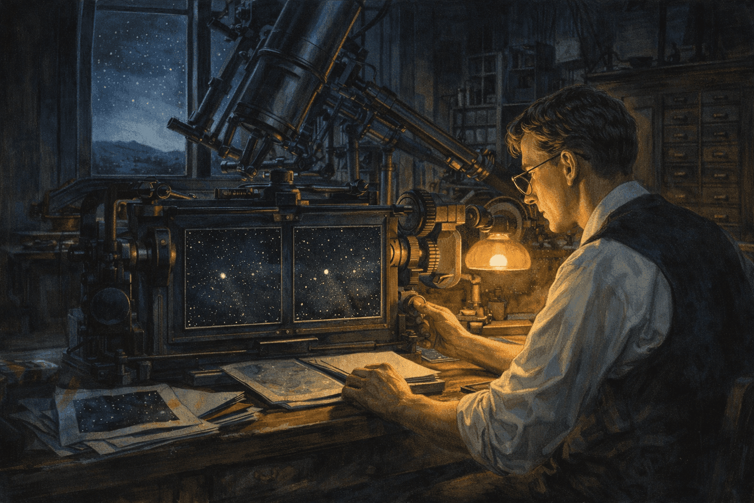 Clyde Tombaugh at the Lowell Observatory using the blink comparator with photographic plates showing Pluto's discovery visible