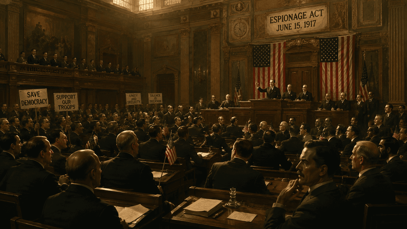 A wartime legislative hall with men in early 20th century suits debating amid American flags and gallery onlookers