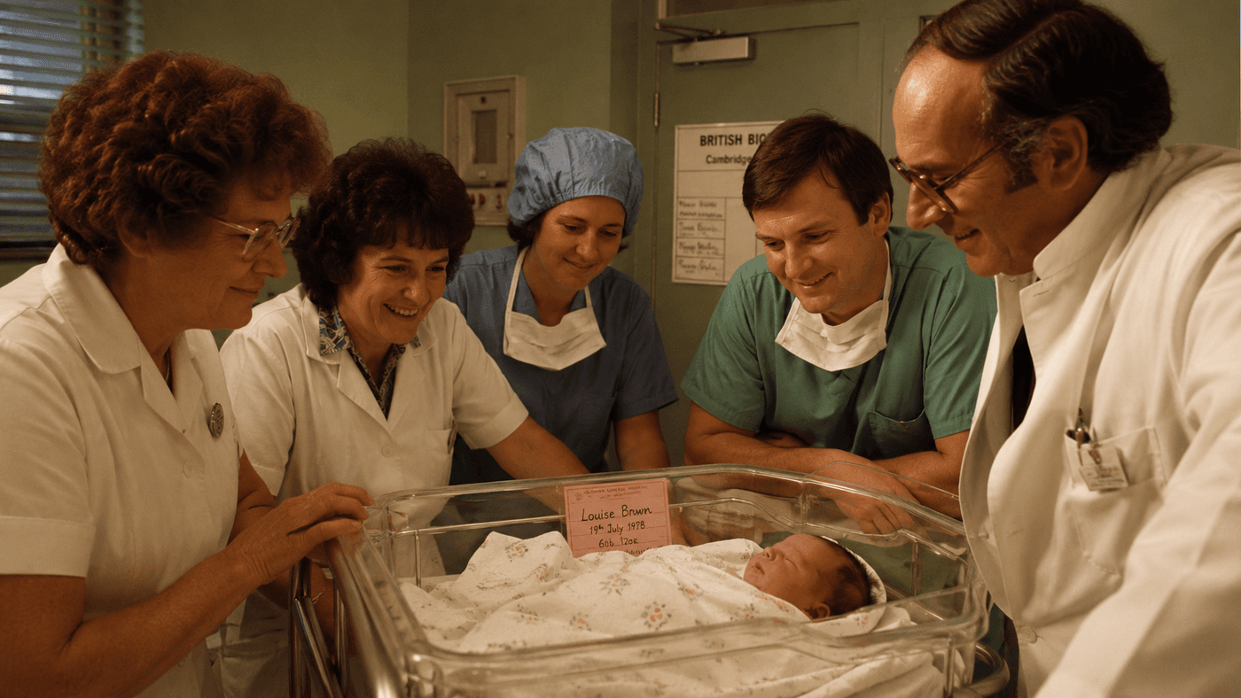 A warmly lit hospital maternity ward in the late 1970s, medical staff gathered around a newborn in a bassinette, expressions of joy and amazement