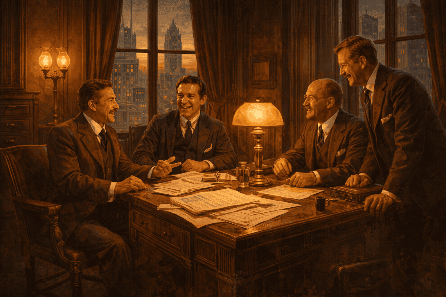 Painterly scene of early 20th century Chicago office interior with businessmen gathered in conversation