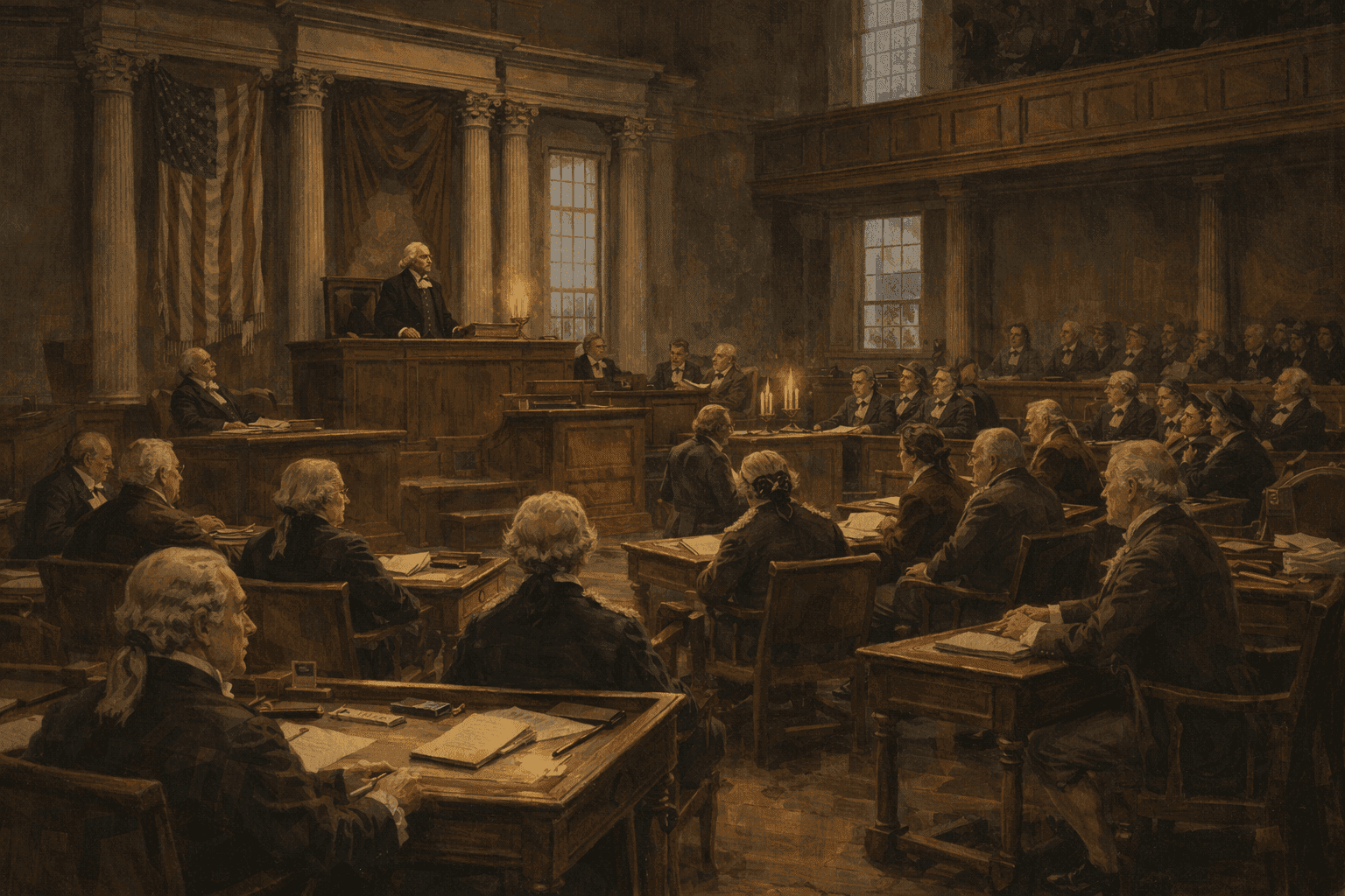 Historical illustration of Federal Hall in 1789 New York with founding era legislators gathering