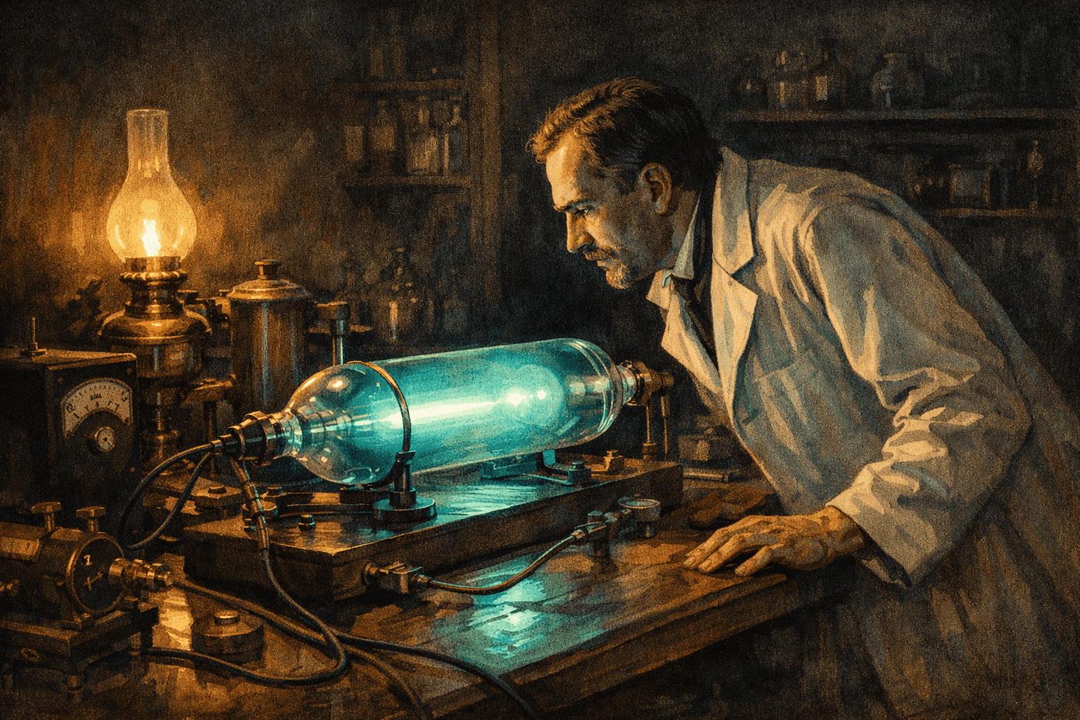A Victorian-era physicist conducting cathode ray tube experiments in a darkened Cambridge laboratory in the 1890s