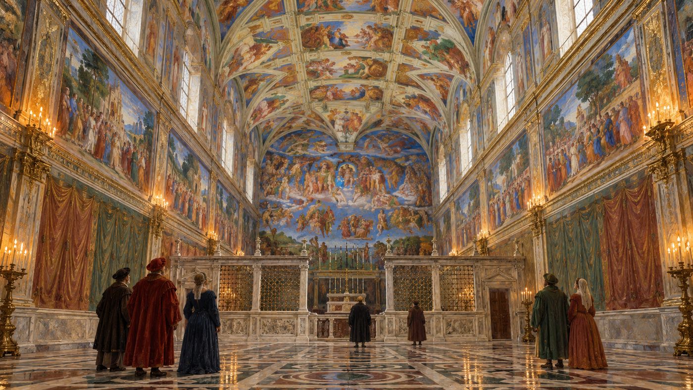 A painterly illustration of the Sistine Chapel interior — the magnificent vaulted ceiling covered in Michelangelo's frescoes visible above, the long chapel stretching below with its marble floor and elegant screen, figures visible looking upward in awe