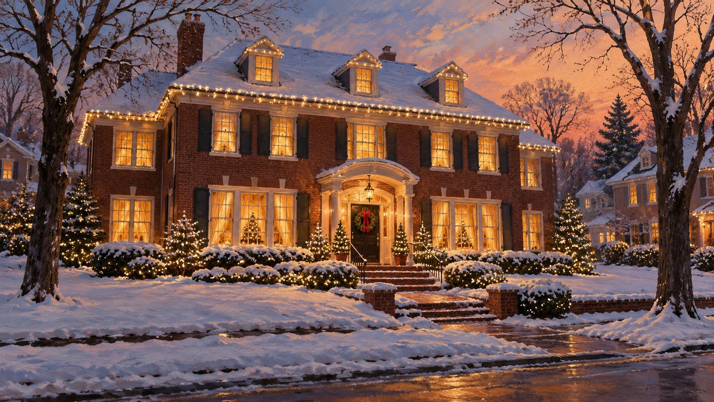 A painterly illustration of a large suburban American house decorated for Christmas — snow on the lawn, warm light in every window, a wreath on the front door, the archetypal holiday home of an American family comedy