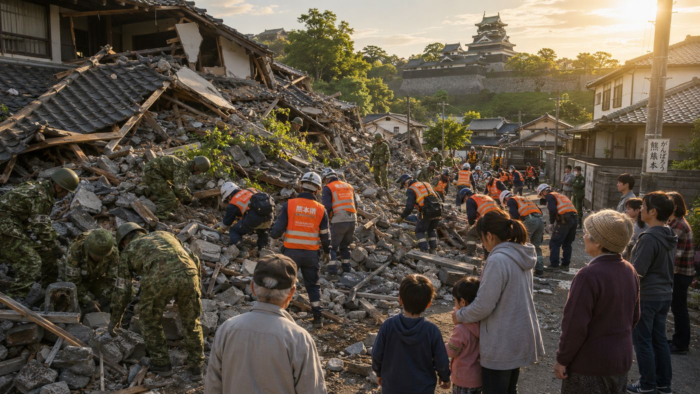 Japanese Self-Defense Forces soldiers and rescue workers searching through the rubble of a collapsed building in Kumamoto, with Kumamoto Castle visible in the damaged background