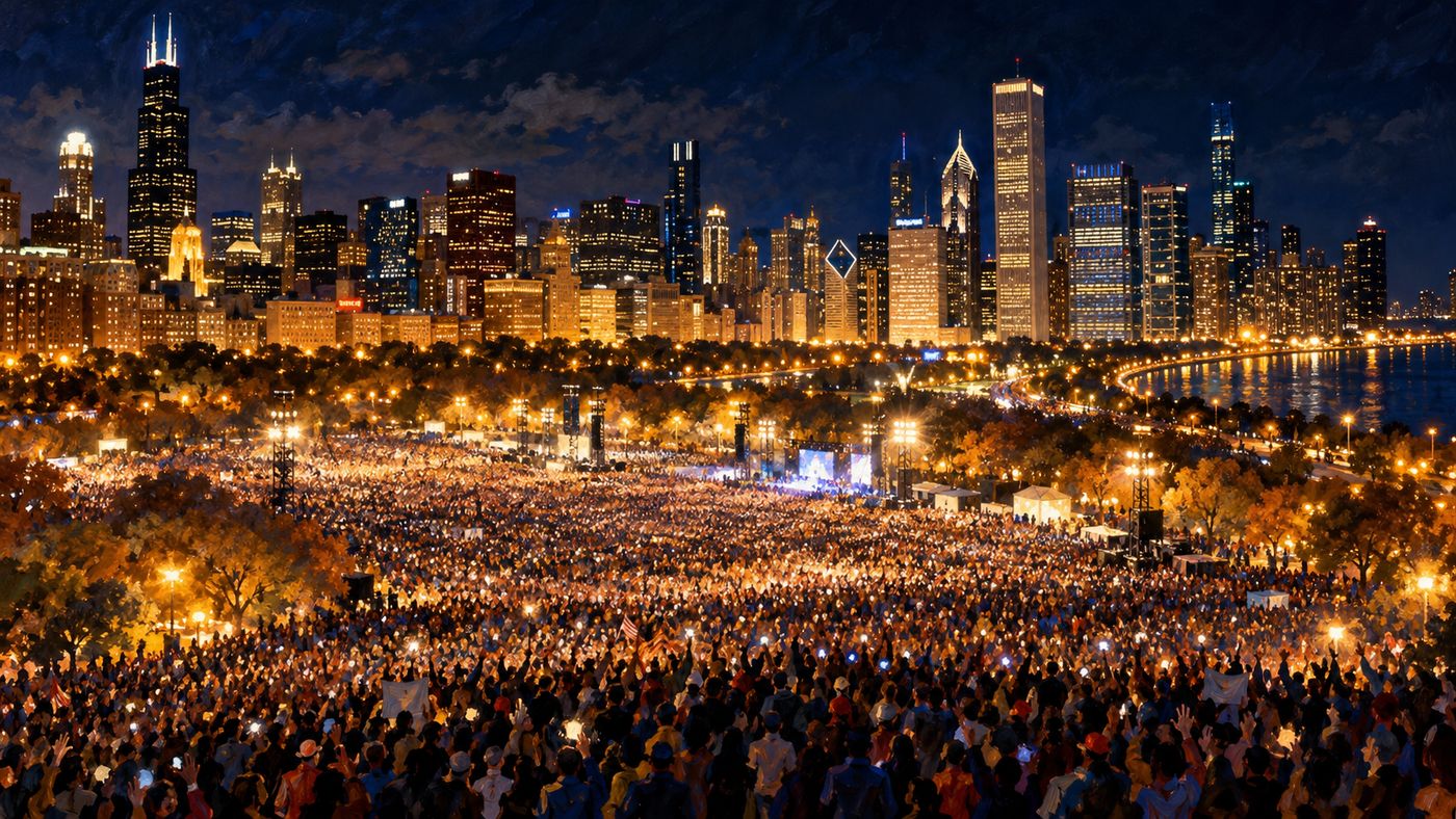 A painterly illustration of Chicago's Grant Park at night — a vast open lawn filled with an enormous crowd, the city skyline blazing with light behind them, the atmosphere electric with collective emotion under a November sky